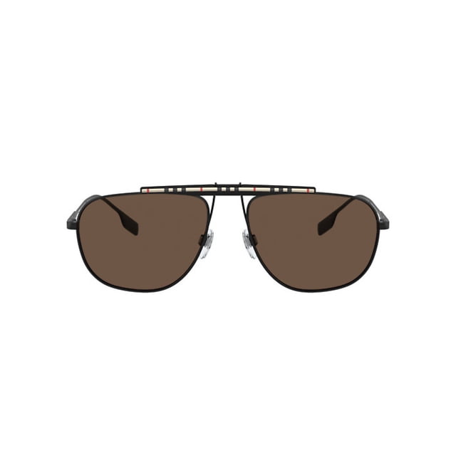 lentes de sol burberry be 3121 dean para hombre armazón negro con doble puente fino y lentes café, vista frontal centrada; varillas con el patrón check Burberry en negro, camel, blanco y rojo, adecuado para uso diario y estilos formales.