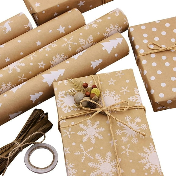 Tutuviw Christmas Wrapping Paper, Gift Packaging Paper 5 Different Designs with 1Pcs Tape 2Pcs Rope, 17*39in Recycled Brown Kraft Wrapping Paper for Holiday Decoration Supplies