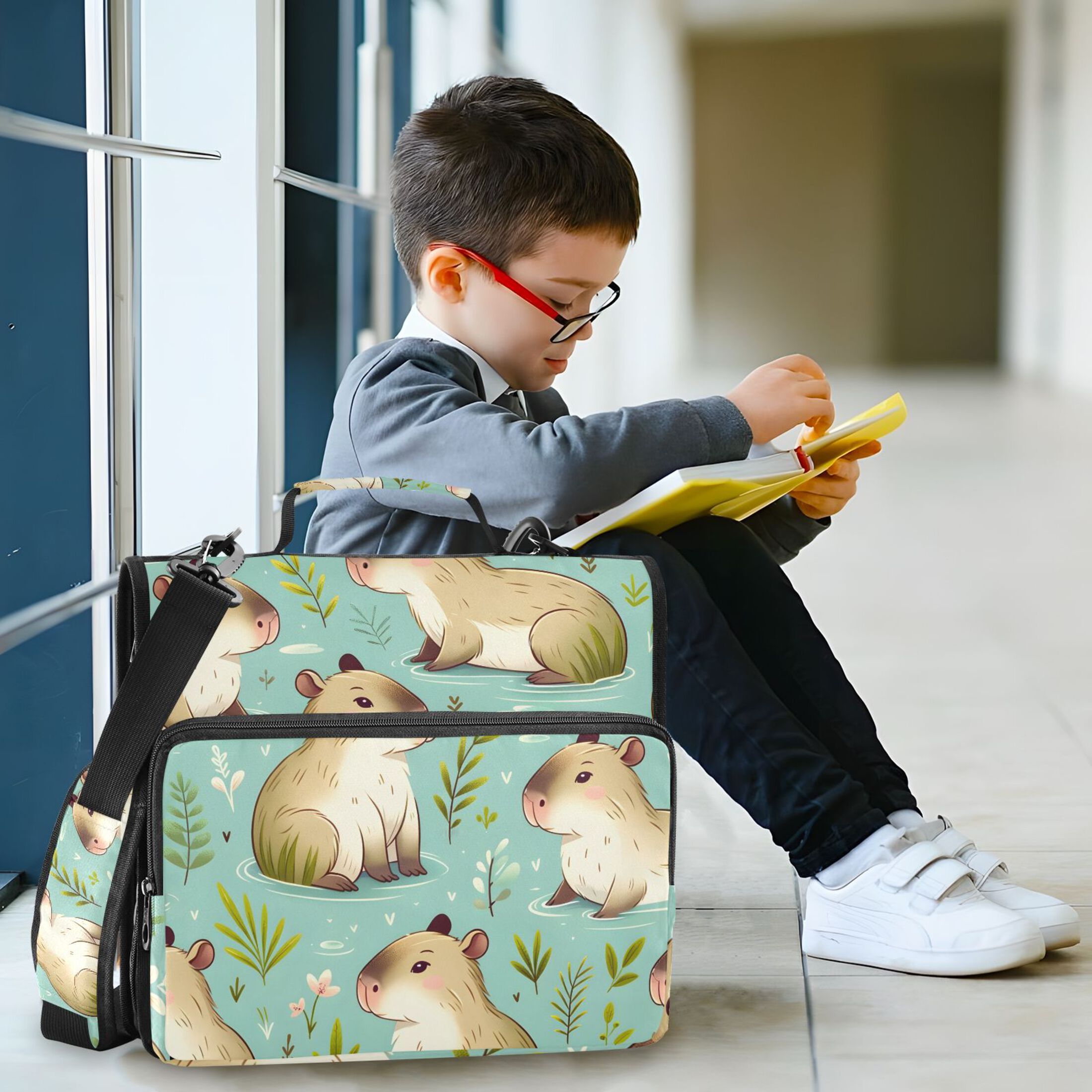 3 Ring Zipper Binder with Shoulder Strap Waterproof Trapper Keeper 2 Inch D-Ring 500 Sheets Capacity Cute Capybara and Leaf