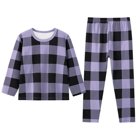 LUOGENLI Girls Pajamas Size 7/12 Toddler Kids Baby Boys Girls Plaids Print Pajamas Winter Coats Pants Outfits Set Girls Pajamas Size 14-25 Set Light Purple 6-7 Years