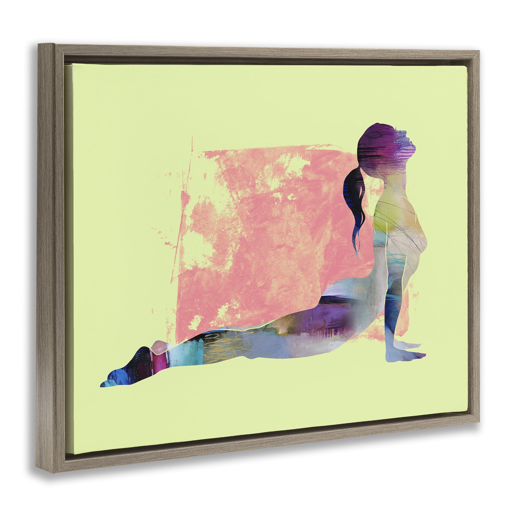 Stupell Industries Yoga Pose on Yellow People Painting Brown Floater Framed Canvas Art Print Wall Art, 21 x 17