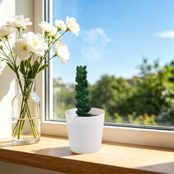 Eolstice Artificial Potted Plants, Fake Plastic Flowers with White Pots, Small Arrangement, Home Table Kitchen Bar Decor, Office Indoor Decoration