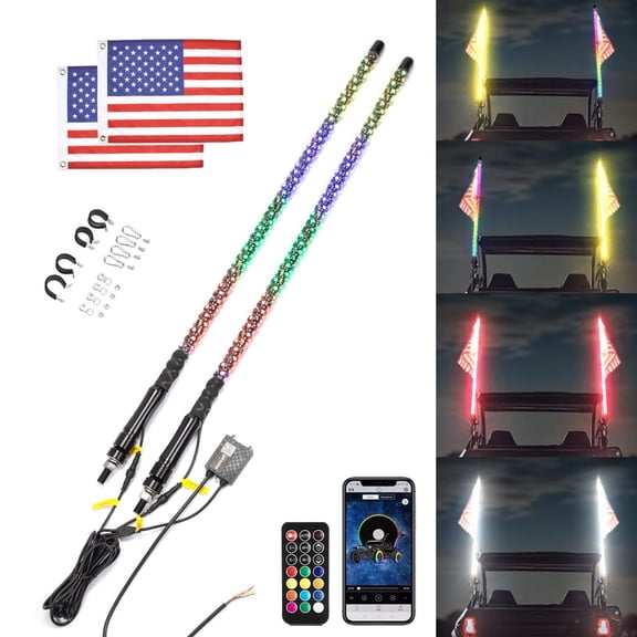 KEMIMOTO 2pc 3ft Bluetooth LED Whip Lights, Turning Signal Function Compatible with RZR  X3,  for UTV ATV  Boat Offroad RGB
