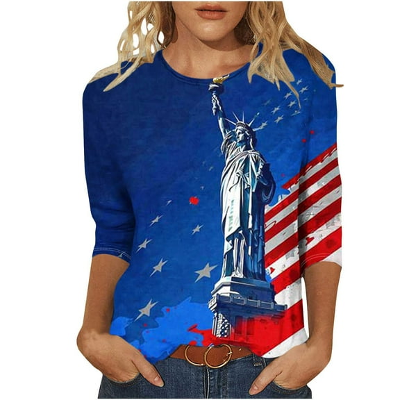 Womens Independence Day T Shirts Vintage Printed Tees The Statue of Liberty Graphic T-Shirts Scooped Neck 3/4 Sleeve Tops Causal Retro American Flag Tunic Blouses Workout Going Out Clothes