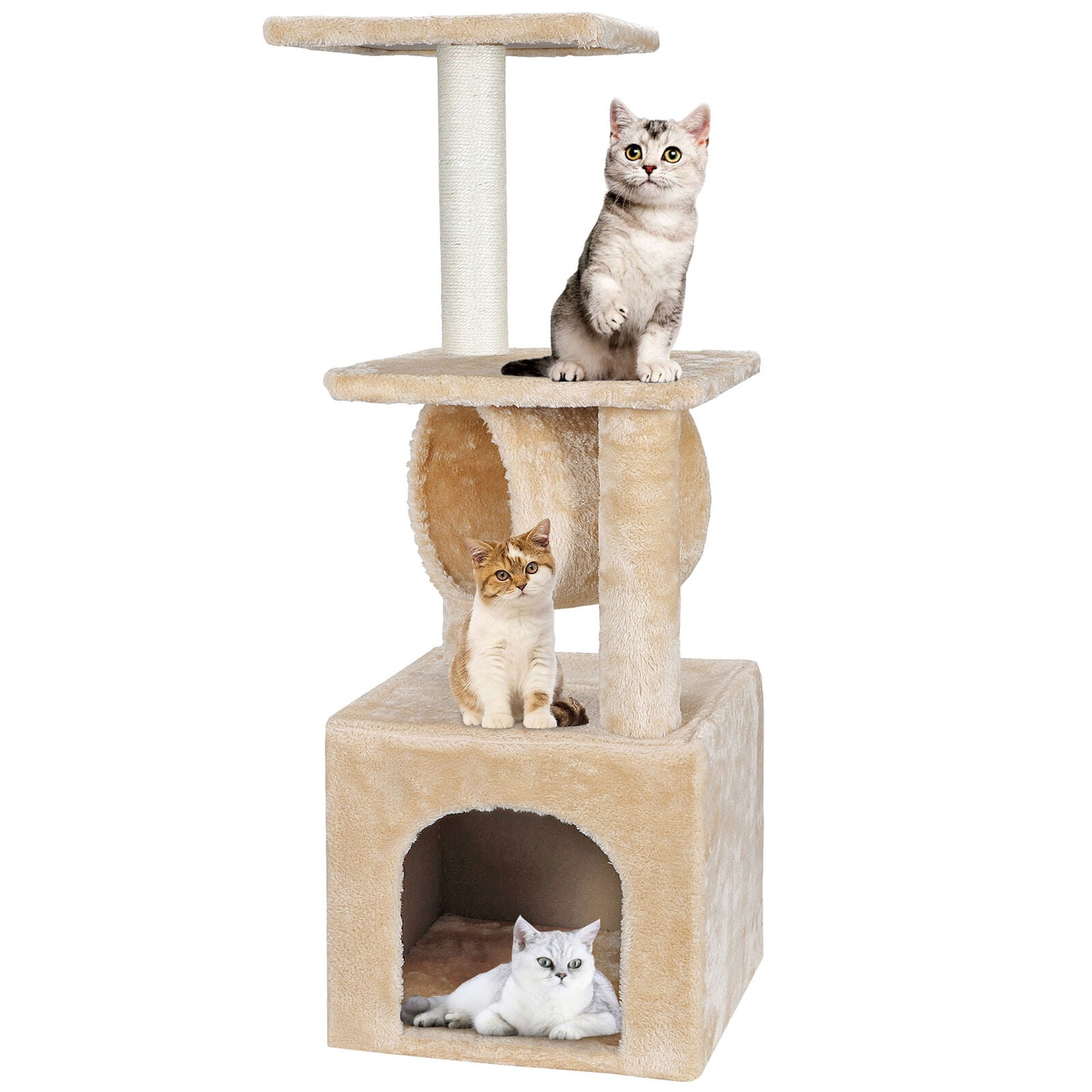 67"Cat Tree Pet Scratching Post Tower Condo Kitty Play House Beige W/Paws 