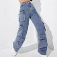 thumbnail image 5 of Savings Women's High Waist Cargo Jeans Flap Pocket Wide Leg Denim Pants Frayed Distressed Boyfriend Trousers Streetwear, 5 of 6