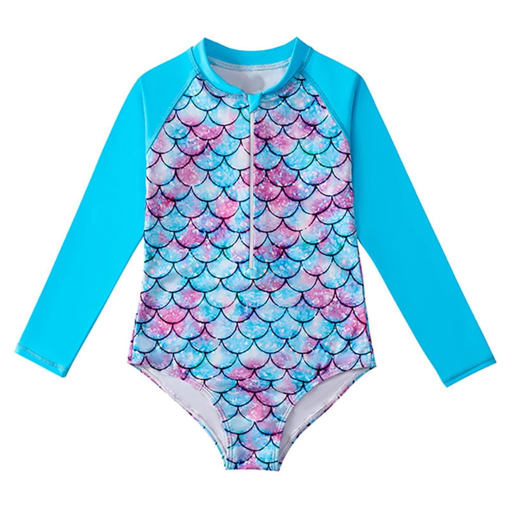 Kids Girls Mermaid Scale One Piece Swimsuits Swimwear Long Sleeve Rash ...