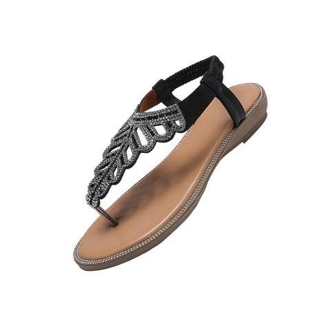 

OAVQHLG3B Wedge Sandals for Women Clearance 2021 Summer New Style Bohemian Rhinestone Sandals Beach Flip Flops Flat Sandals