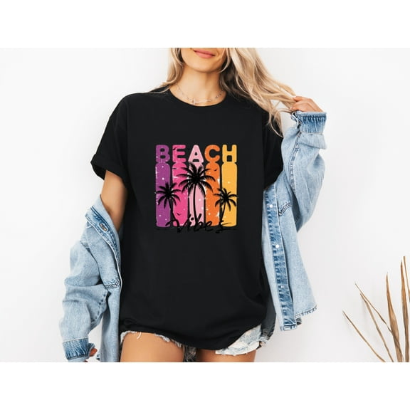Retro Sunset Beach Vibes Summer Vacation Palm Tree T-Shirt, for men & women, up to size 5XL