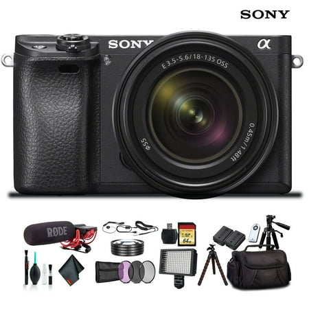 Sony Alpha a6300 Mirrorless Camera with 18-135mm Lens Black ILCE-6300M/B With Soft Bag, Lens Filters, Battery, Rode Mic, LED Light, 64GB Memory Card, Sling Soft Bag, Plus Essential Accessories