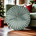 thumbnail image 4 of 2 Pcs Decorative Round Pleated Throw Pillows, Classy Accent Pumpkin Throw Pillows with Center Button, Vintage Velvet Floor Pillows for Sofa Couch Vanity Chair Bed,Green 15In, 4 of 9