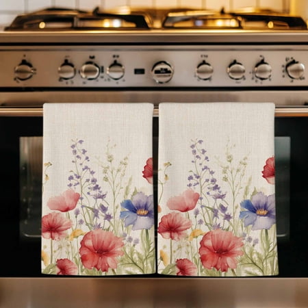 Spring Floral Kitchen Towels Set of 2 Colorful Summer Botanical Flowers Vintage Absorbent Dish Towels for Kitchen Microfiber Hand Towel Quick Drying Tea Towel for Cleaning Decorative Dishcloths