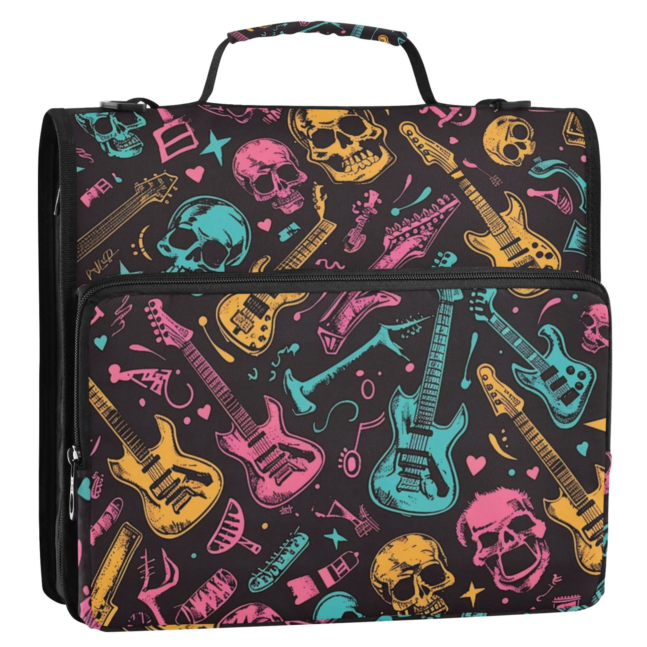 ALAZA Zipper Binder Skull and Guitars 3 Ring Trapper Keeper File Folder Organizer Bag
