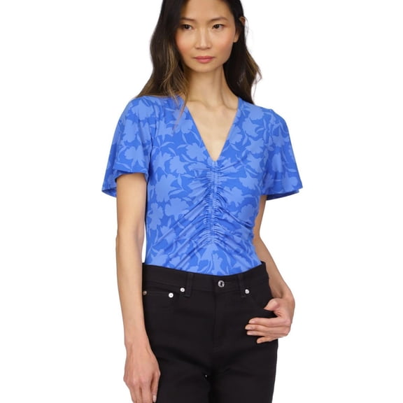 Michael Kors Womens Ruched Flutter Sleeve Knit Blouse, Blue, X-Large