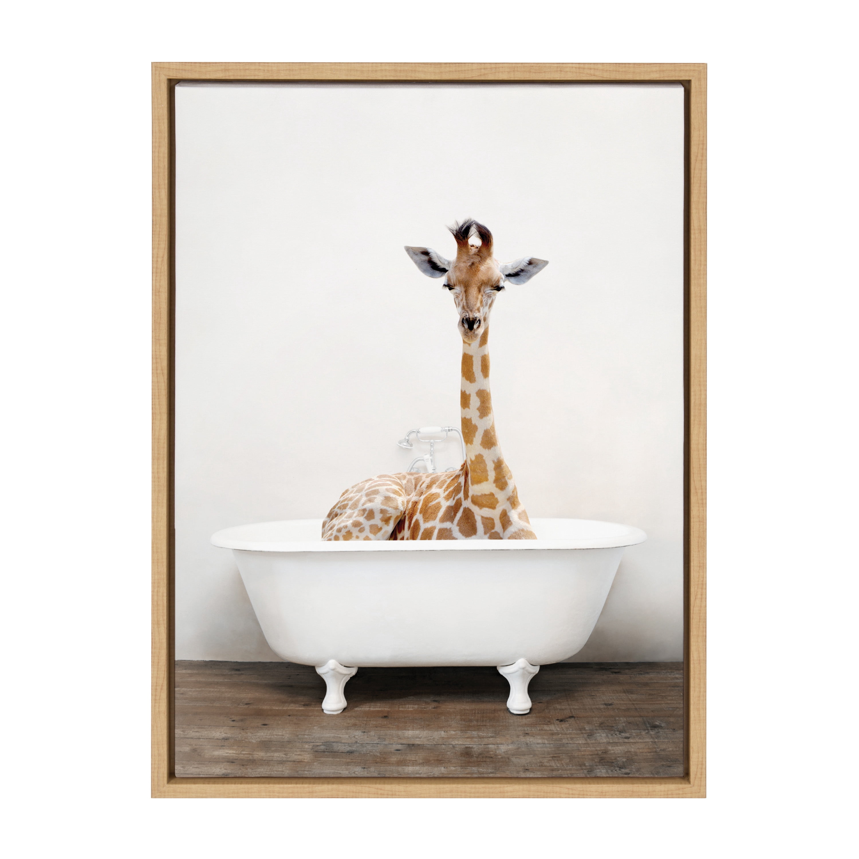 Kate and Laurel Sylvie Giraffe 2 in the Tub Color Framed Canvas Wall Art by Amy Peterson Art Studio, 18x24 Natural, Modern Fun Decorative Bathtub Wall Art for Home Décor