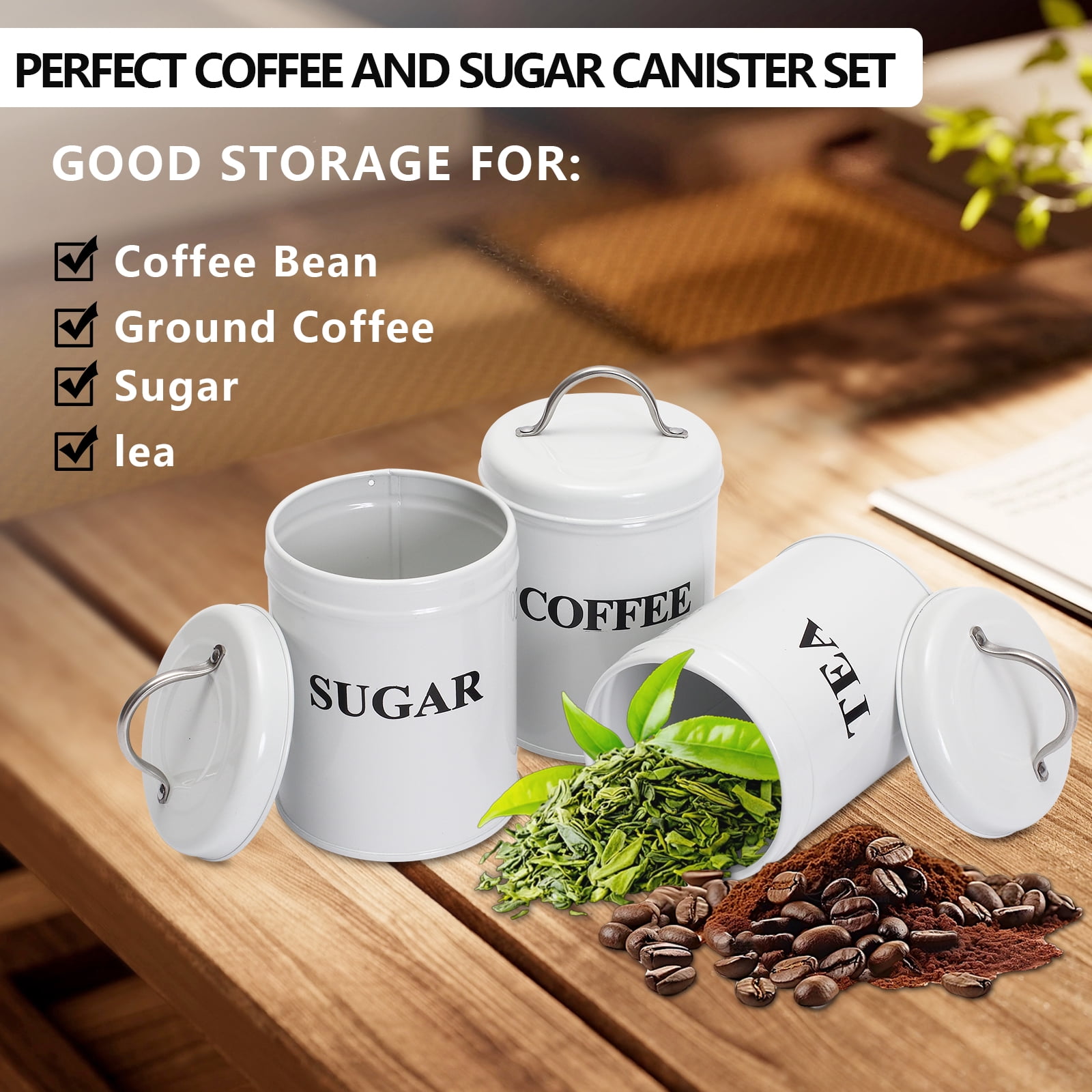 Pethiy Tea Coffee Sugar Canister Set,Airtight Food Storage Canister,Vintage, Farmhouse Metal Containers with Lids, Coffee, Tea, Sugar Set Canister With Tray for Food Storage,3 Pack,White