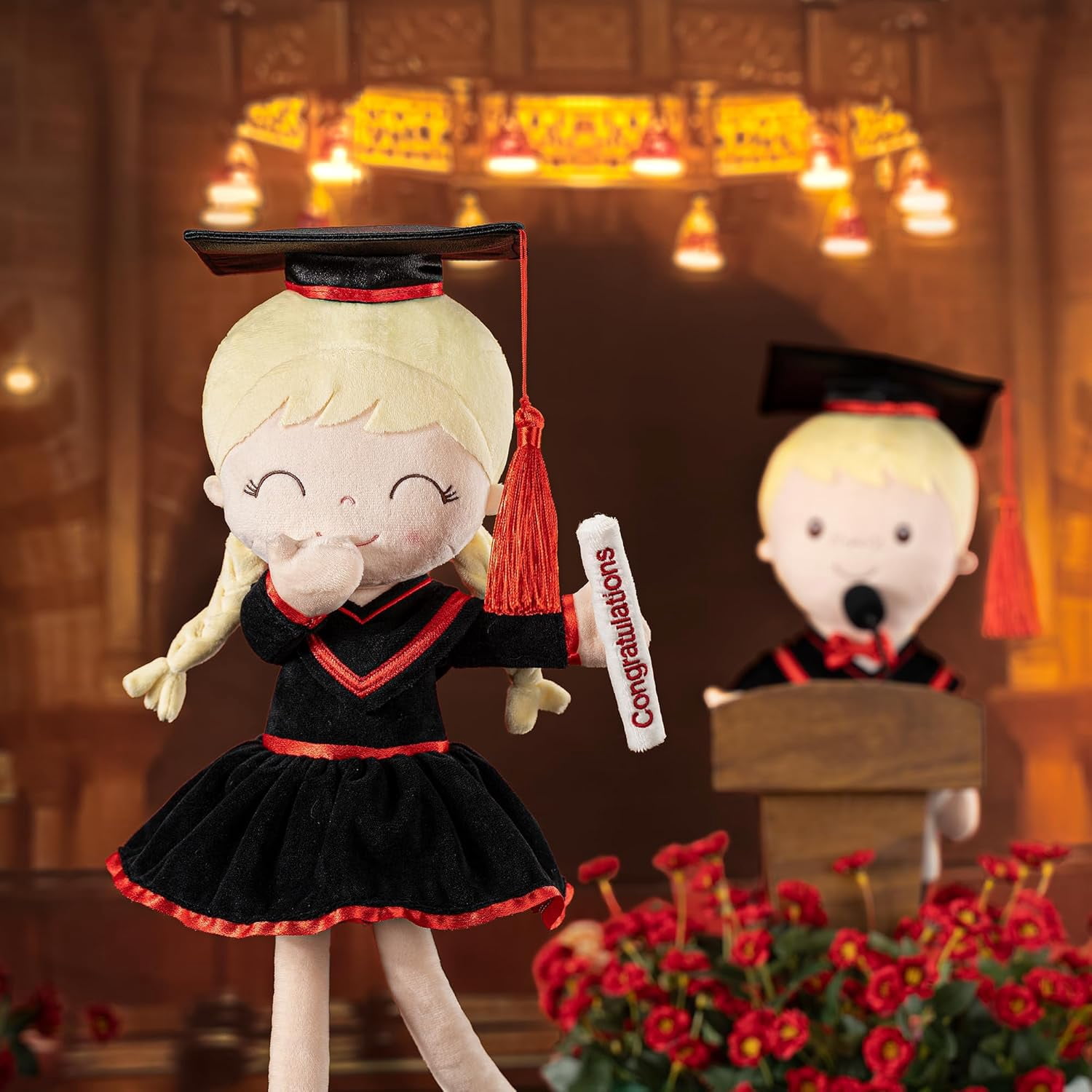 Gloveleya 16" Classic Black Graduation Doll - Traditional Cap & Gown Plush Toy - Kindergarten Preschool Graduation Ceremony Gift, Class of 2026 Keepsake