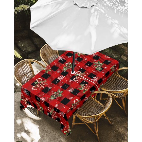 Outdoor Tablecloth with Umbrella Hole, Christmas Candy Canes Zippered Table Cloth for Rectangle Tables, Red Black Plaid Background Washable Waterproof Tablecloths for Picnic Patio Garden