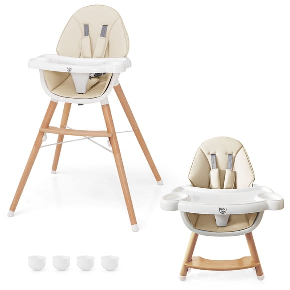 Costway Baby High Chair Wooden Feeding Chair with 4-Gear Tray & Removable Cushion Beige