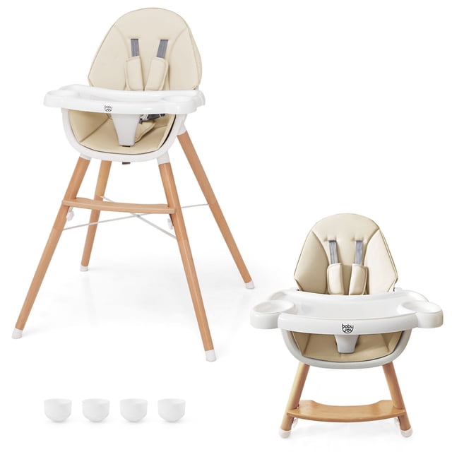 Costway Baby High Chair Wooden Feeding Chair with 4-Gear Tray & Removable Cushion Beige