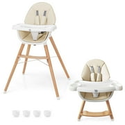 Costway Baby High Chair Wooden Feeding Chair with 4-Gear Tray & Removable Cushion Beige