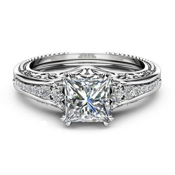 HeartsAndYou 2ct Princess Cut Moissanite Engagement Ring for Women 18k White Gold over Silver Milgrain Vintage Inspired