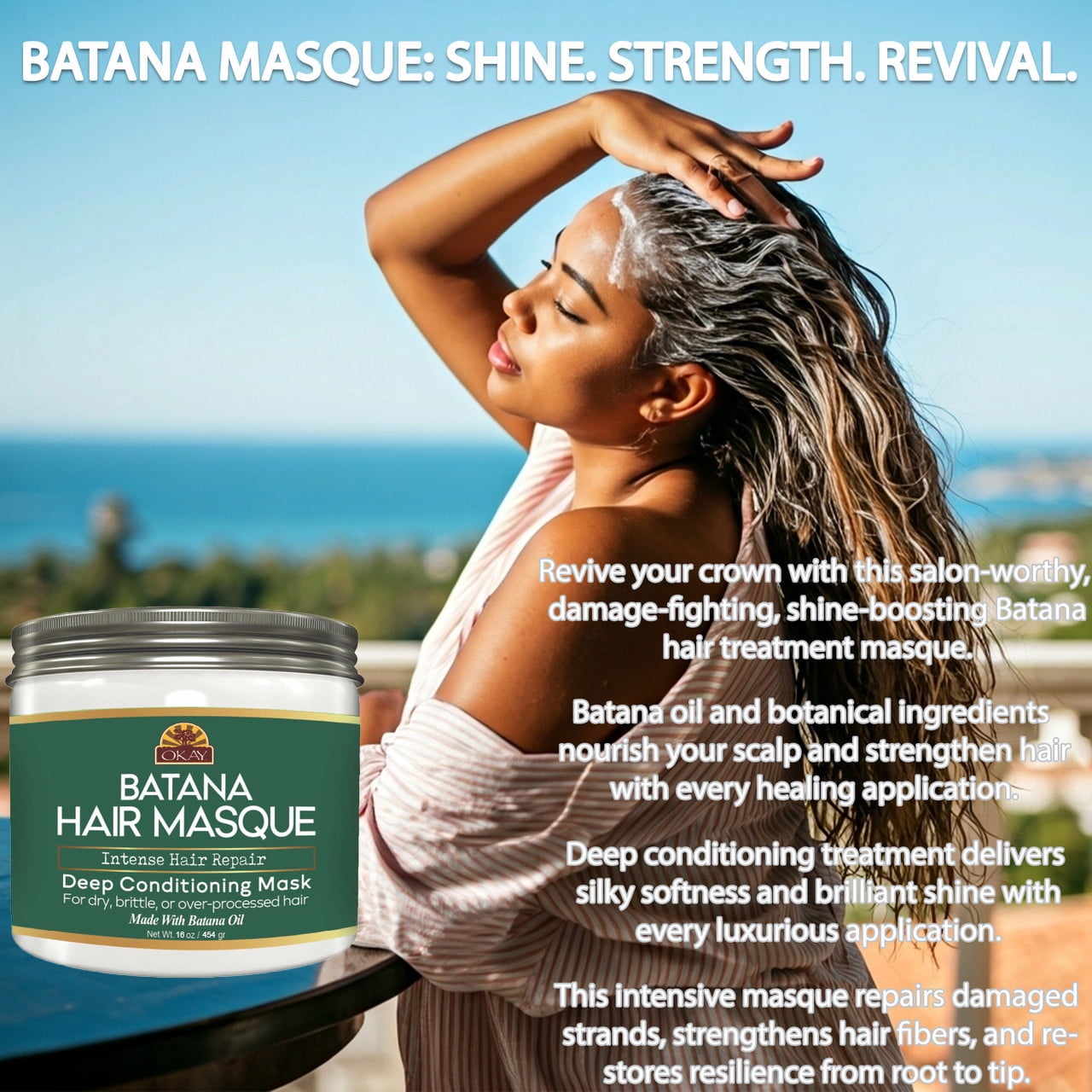 OKAY Batana Hair Masque Deep Conditioning Treatment with Batana Oil, Quinoa & Coconut Oil, Repairs Dry Damaged Hair, Restores Shine & Elasticity, Sulfate Paraben Silicone Free, 16 oz