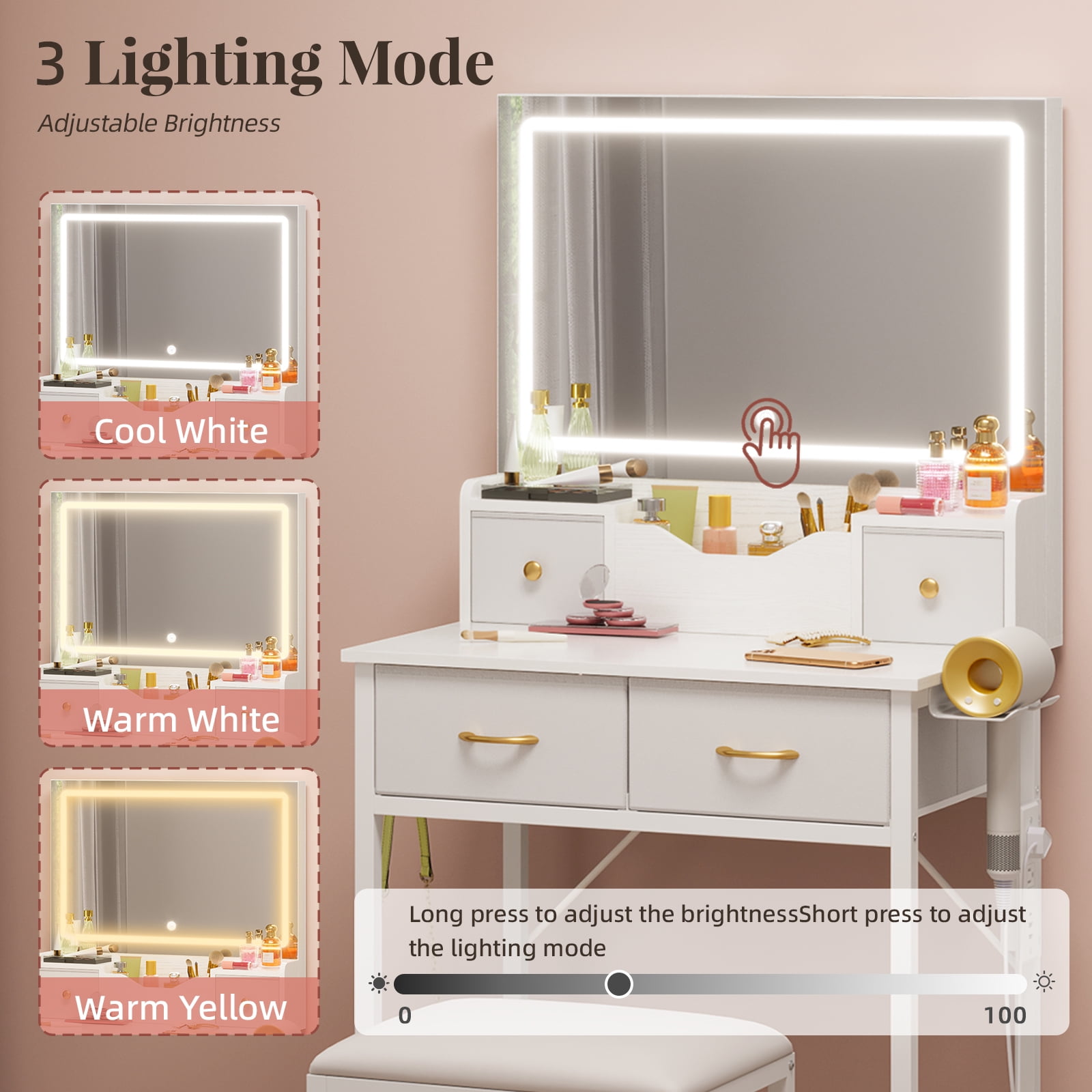 Tomnk White Vanity Desk with Mirror, LED Lights, Storage Shelves, Drawers & Chair