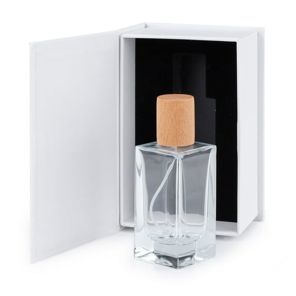 Sekonow Perfume Bottles Empty with Wood Lid, 50ml 1.7oz Refillable Perfume Atomizer Sprayer with Box, Glass Thick Base Square Perfume Spray Bottle Dispenser for Travel, Brown