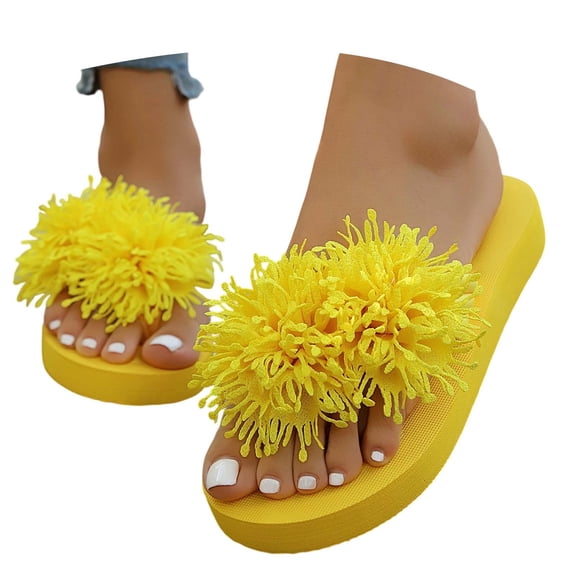 BRICH Flip Flops for Women Flower Dressy Wedges Platform Flat Sandals Open Toe Summer Beach Slides Comfortable Outdoor Boho Shoes Yellow 9.5