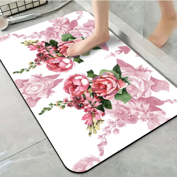 1pc Symmetrical Pink Flowers Bathroom Rug Bathroom Decor and Accessories- Durable,Anti Slip,And Quick Drying,Suitable For Indoor/outdoor Use - Perfect For Bathrooms,Bedrooms,Kitchens