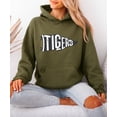 thumbnail image 4 of Tigers Pennant Flag Hoodie for Women Men & Teens Distressed School Spirit Game Day Sweatshirt Army Green Hoodie Small, 4 of 8