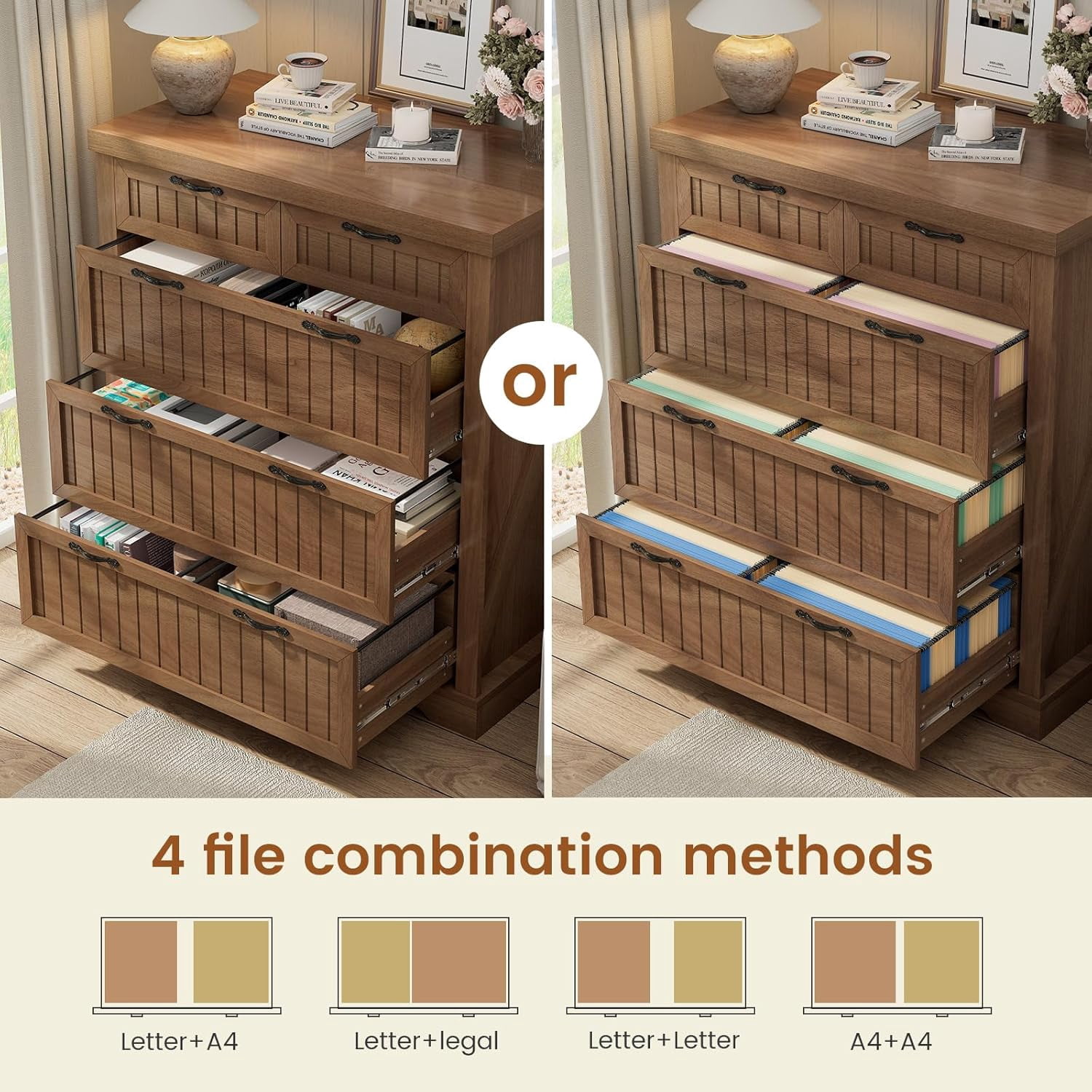 SEDETA File Cabinet with 5 Wood Drawers, Farmhouse Filing Cabinet for Home Office, Wood Office File Cabinets for Letter/Legal/A4 Size, Lateral File Cabinets with Printer Stand, Brown