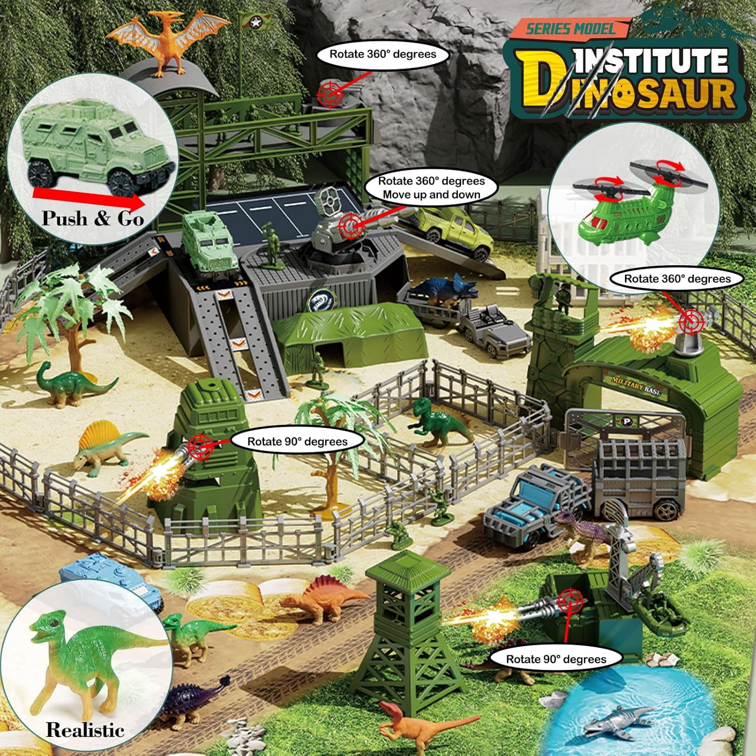 STEM Military Dinosaur Battle Playset - 56 Piece Army Toy Set with Soldiers, Helicopter, Je-ep, Trucks, Cannon, Tents & Battle Mat - Educational Combat Toys for Boys Ages 3-12
