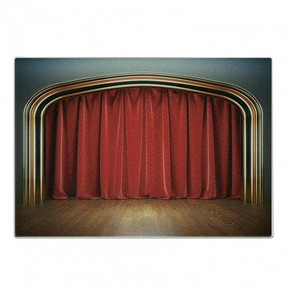 Theatre Cutting Board, Show Stage with Classic Curtains Wooden Plank Floors Digital Illustration Print, Decorative Tempered Glass Cutting and Serving Board, in 3 Sizes, by Ambesonne