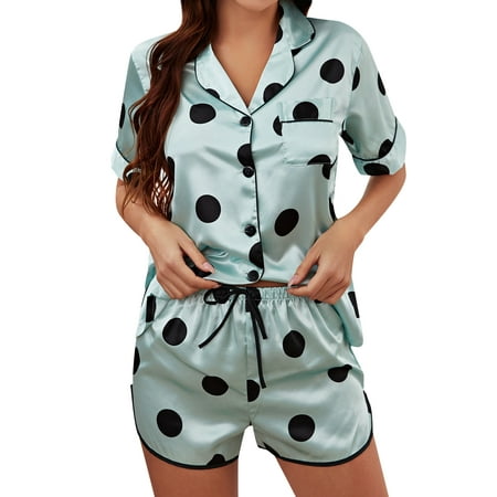 

HUBERY Women Lapel Collar Button Pocket Dots Printed Short Sleeve Sleepwear Set