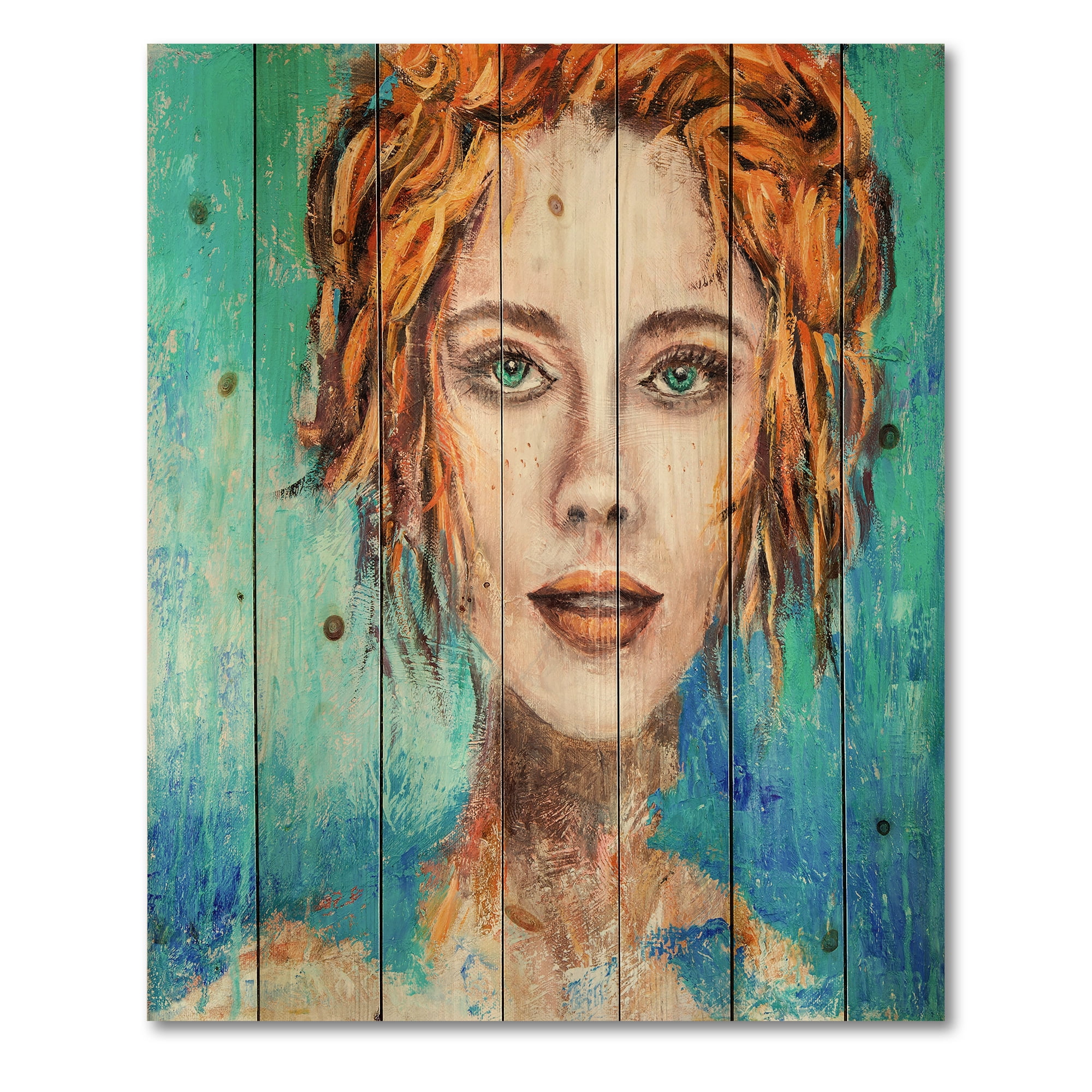 Designart 'A Woman Face With Red Hair And Green Eyes' Modern Print on Natural Pine Wood