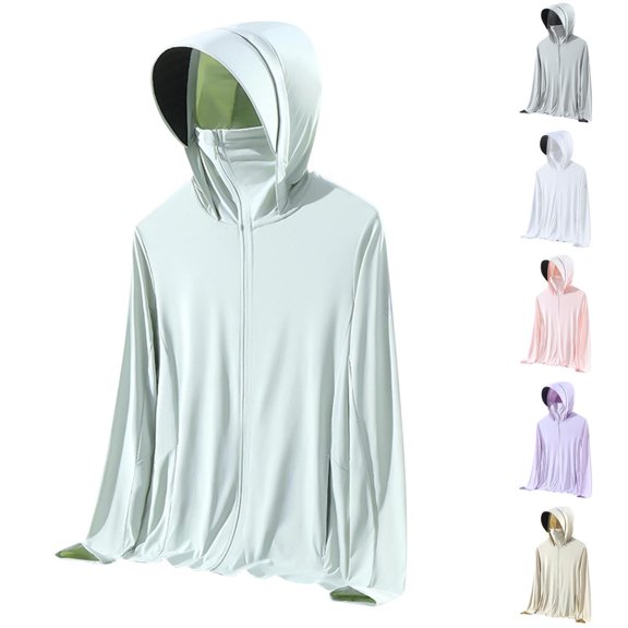 Fengqque Sunscreen Tops for Women,Women's Long Sleeved Hoodie Full Zipper Fishing Hoodie Shirt with Face Mask White XL(XL)
