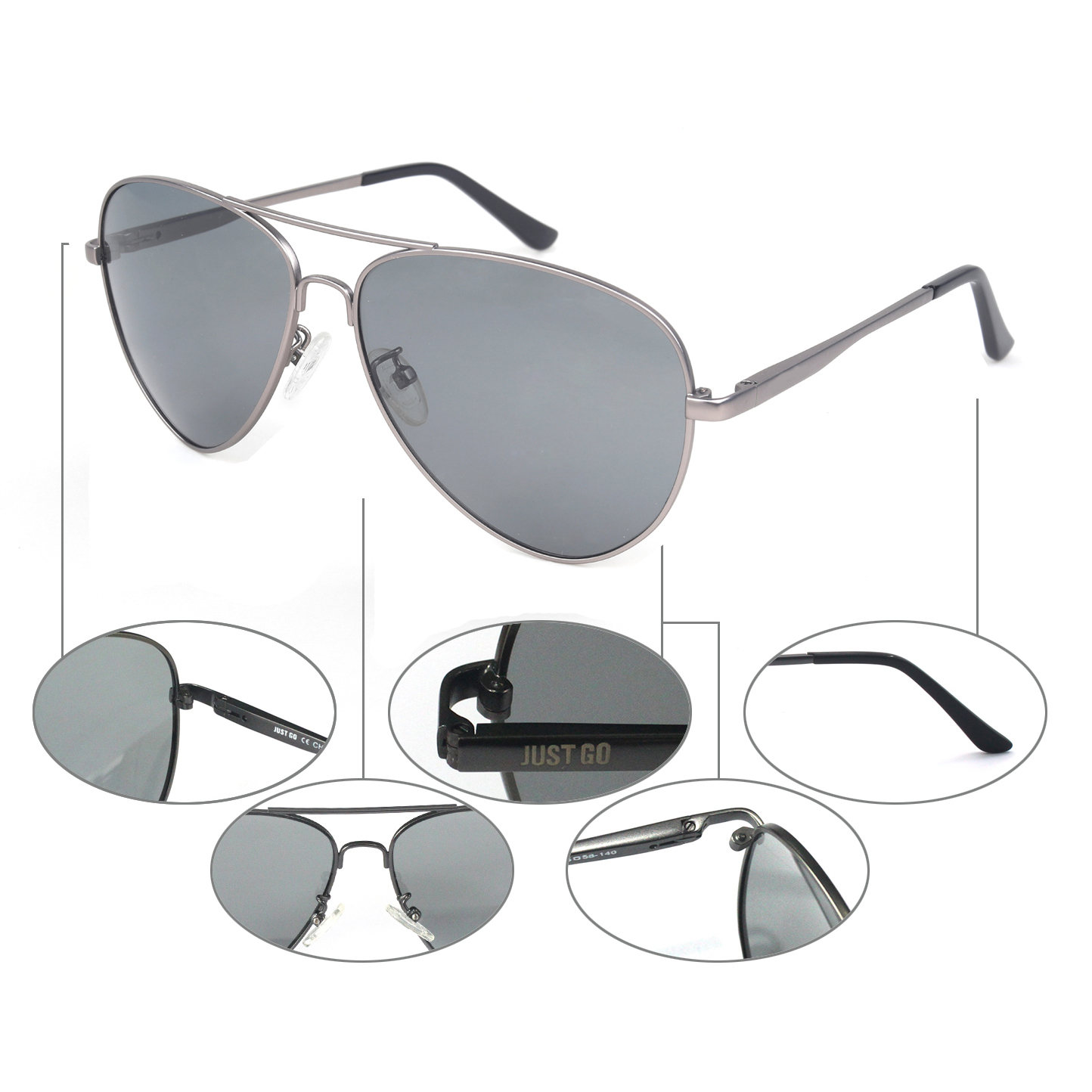 JUST GO Metal Frame Vintage Aviator Style Sunglasses with Case, Polarized Lenses, 100% UV Protection, Matte Gunmetal, Grey - image 4 of 7