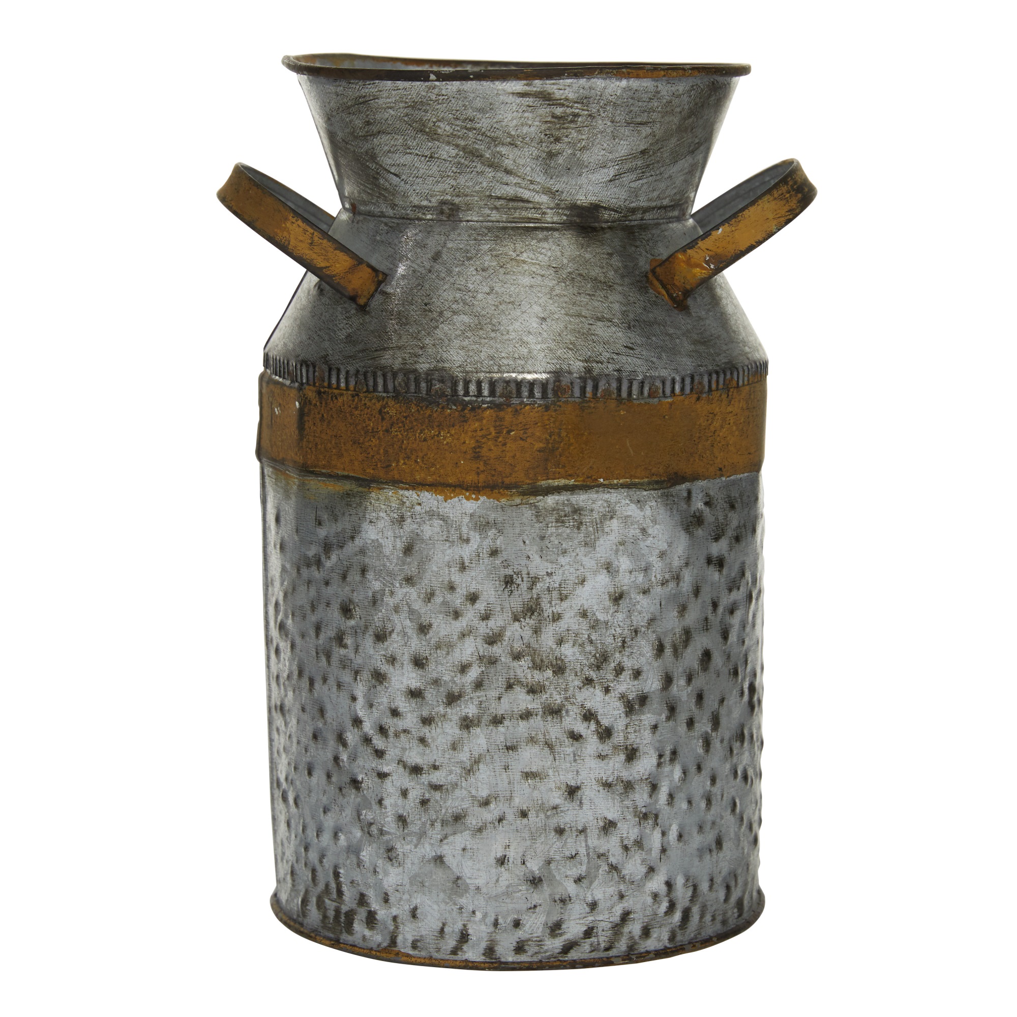 9 Inch Metal Milk Can with Rust Accents and Curved Handles,Galvanized