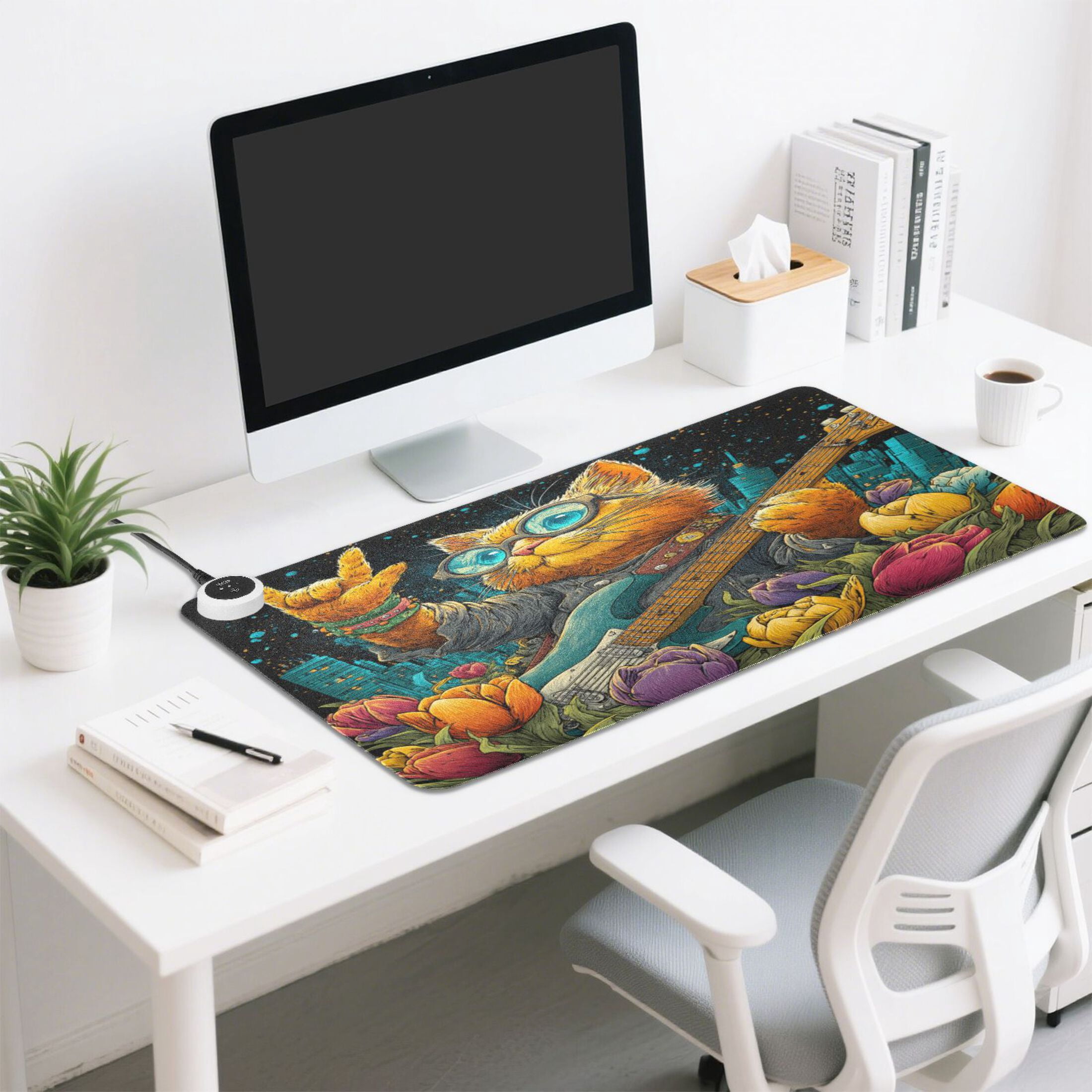 Large Heated Desk Mat Mouse Pad 31.5"x13"PU Leather Graphene Heating Desk Warmer with 3 Temperature Settings 110V US Plug Non-Slip Warm Pad for Home, Office, and Gaming Guitar Playing Cat