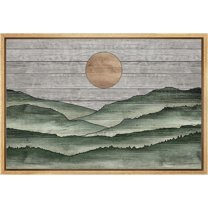 PixonSign Framed Canvas Print Wall Art Sage Green Mountain Range Nature Wilderness Woodblock Illustrations Decorative Multicolor Landscape Wood Panels Country/Farmhouse - 24"x36" Natural