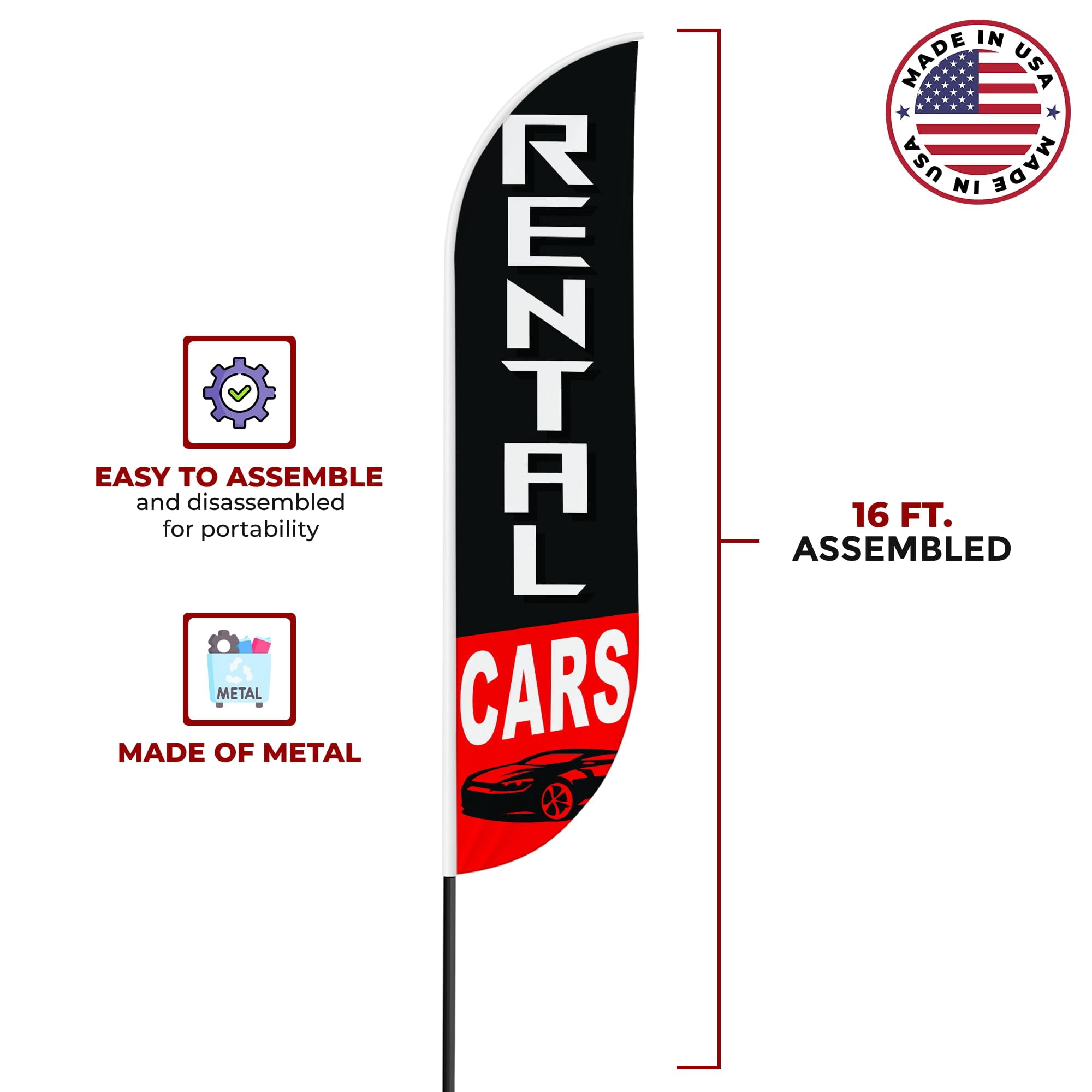 Rental Cars Sign feather flag Pole kit for Outdoor by Mavis Printing | 15 FEET Long Polyester Outdoor Banner Flag Pole Mount Easy Hang | HD Print Swooper Flags to Advertise Car Business