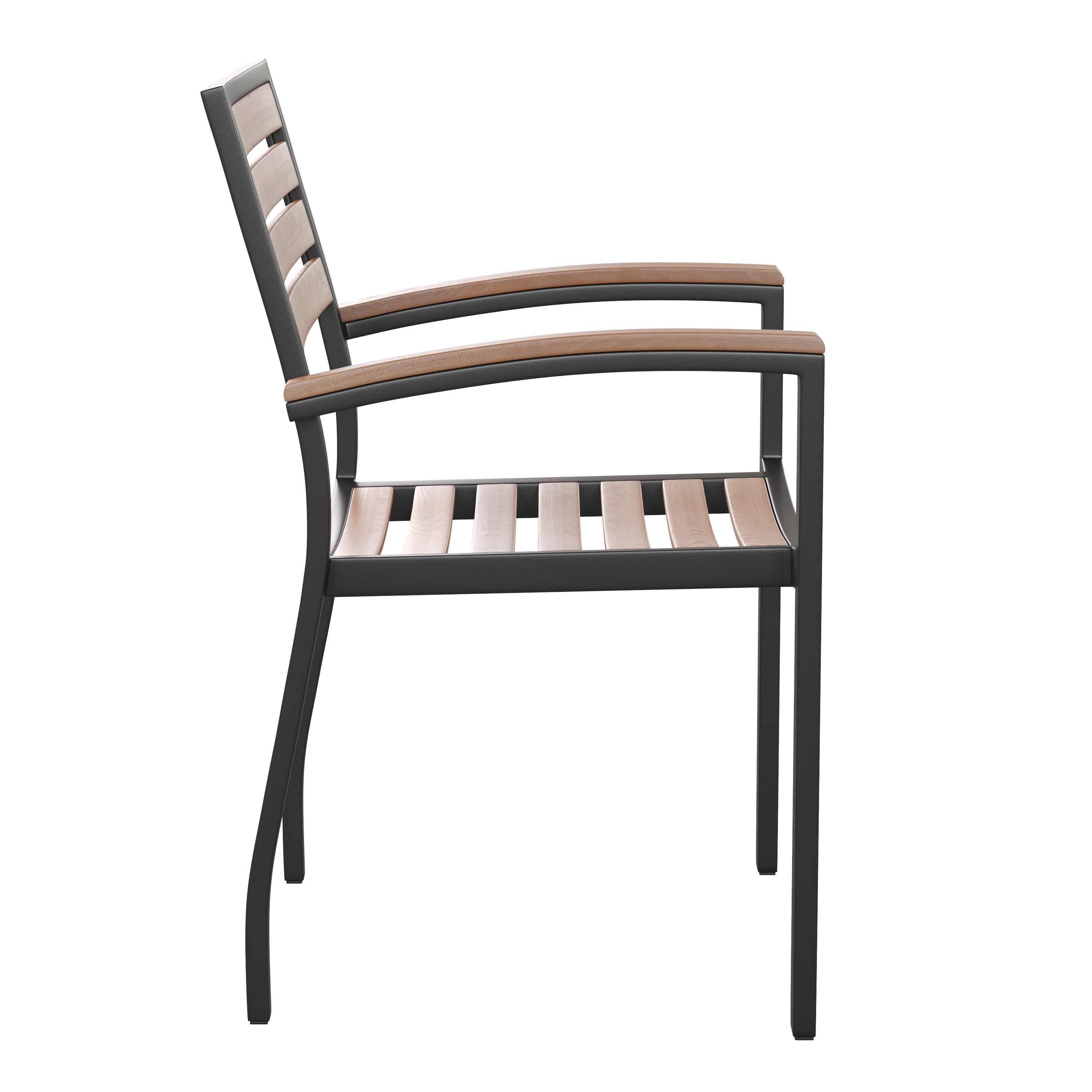 BizChair Outdoor Stackable Faux Teak Side Chair - Commercial Grade Black Aluminum Patio Chair with Synthetic Teak Slats - Set of 4