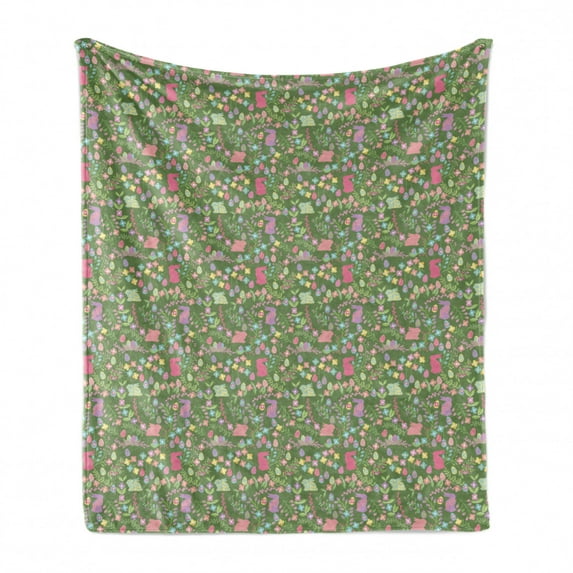 Easter Soft Flannel Fleece Throw Blanket, Flowers Eggs Rabbits Branches in Pastel Tones Pattern, Cozy Plush for Indoor and Outdoor Use, 50" x 60", Reseda Green Multicolor, by Ambesonne
