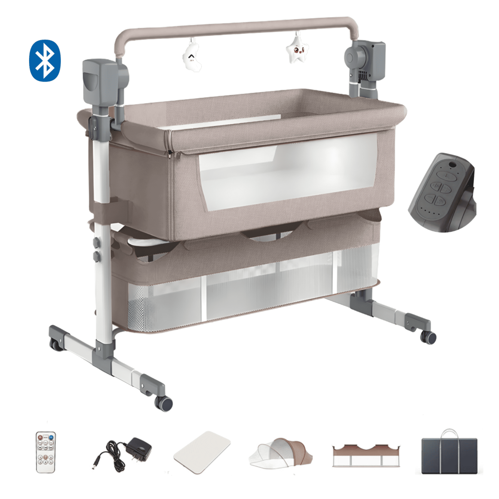 Baby Bassinet,Infant Bedside Sleeper,Newborn Cradle with Bluetooth,Remote control for Toddler,Unisex,KHAKI