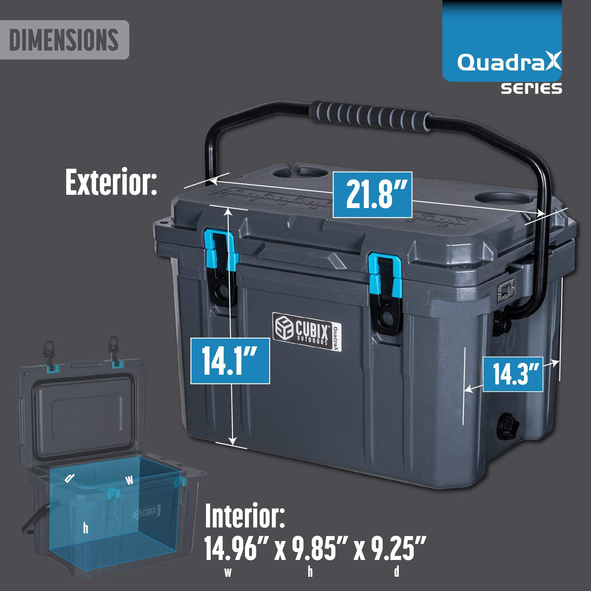 Cubix Outdoors 20 QT QuadraX Portable Insulated Hard Cooler - Fits 14 Cans - Abyss Blue