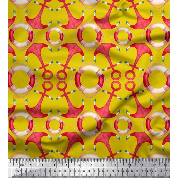 Soimoi Yellow Rayon Crepe Fabric Life Ring & Anchor Hook Nautical Decor Fabric Printed Yard 46 Inch Wide