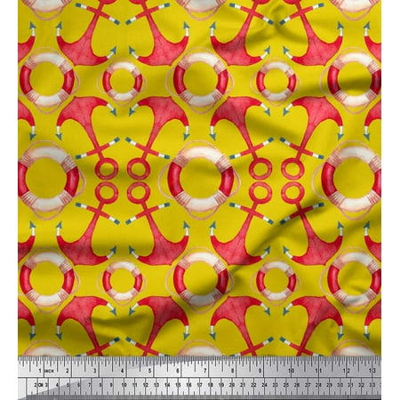 Soimoi Yellow polyester Crepe Fabric Life Ring & Anchor Hook Nautical Print Fabric by the Yard 52 Inch Wide