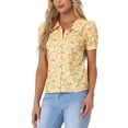 thumbnail image 4 of BLUSA DE BOTONES PARA MUJER CHIC INSPIRE, CON MANGAS CORTAS Y PUFF, CUELLO CAÍDO, FLORAL, DE ALGODÓN, TALLA S, COLOR AMARILLO, 4 of 5